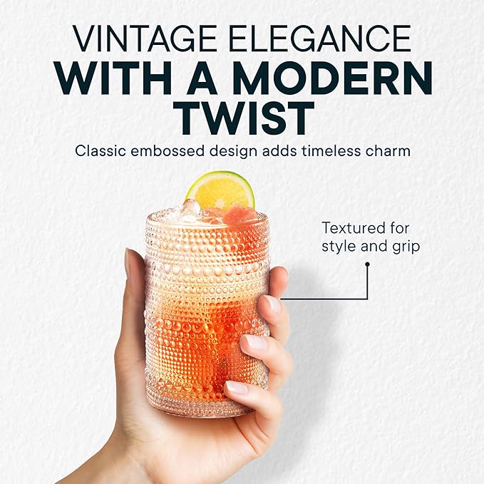 15 OZ Hobnail Drinking Set of 12 – Vintage Embossed Glassware, Textured Tumblers for Water, Beer, Cocktails, Mocktails, Whiskey & More – Includes Straws and Coasters – Clear
