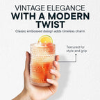 15 OZ Hobnail Drinking Set of 12 – Vintage Embossed Glassware, Textured Tumblers for Water, Beer, Cocktails, Mocktails, Whiskey & More – Includes Straws and Coasters – Clear
