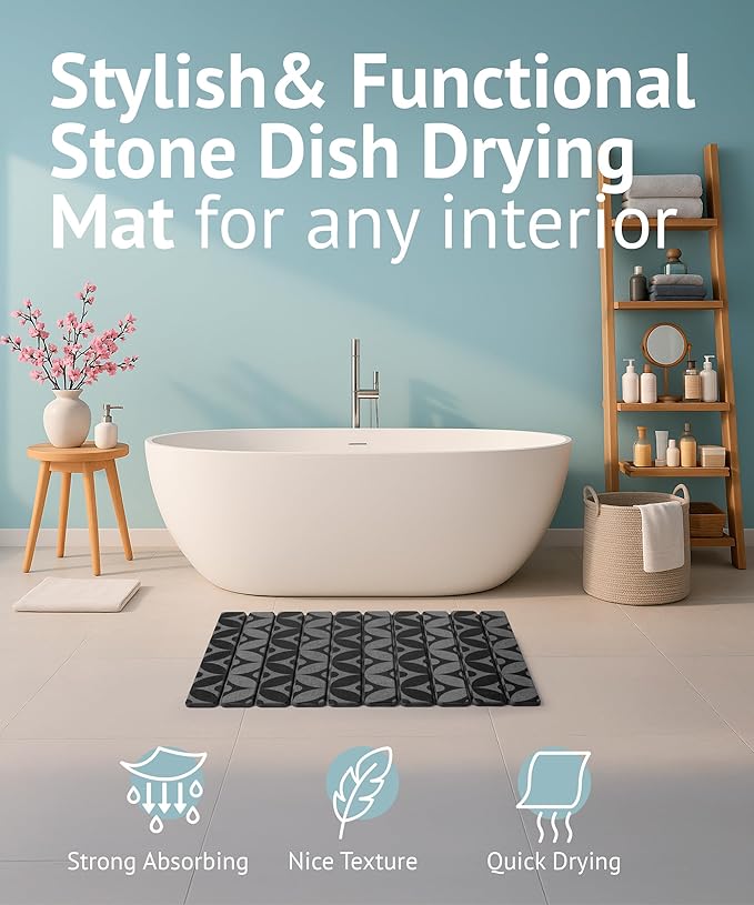 Large Stone Drying Mat for Kitchen Counter, 23.6" x 15.3" Quick Dry Foldable Diatomaceous Earth Dish Drying Mat, Stain-Hiding Design, Eco-Friendly Large Sink Mat for Dishes and Utensils