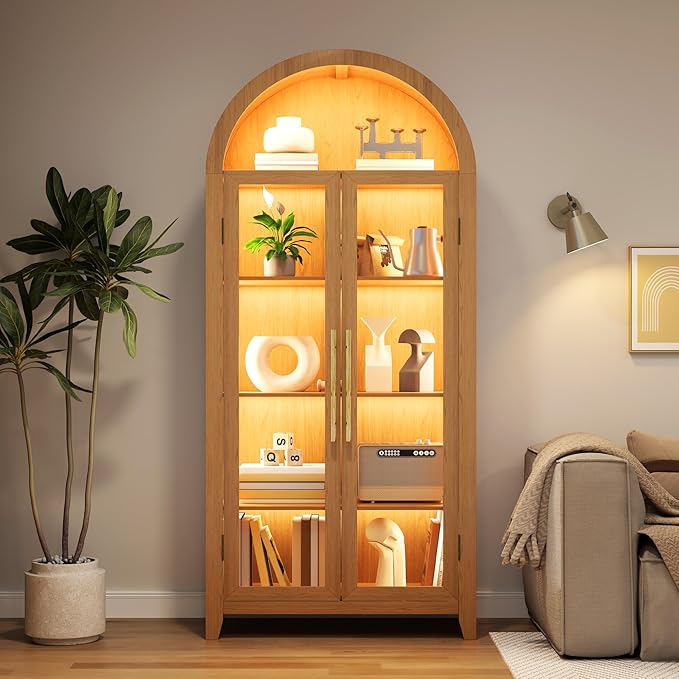 Arch Storage Cabinet with Tempered Glass Door, 71” Arched Display Floor Cabinet, 5 Tier Farmhouse Buffet with Storage for Dining Room, Living Room, Home Office or Kitchen(Oak)