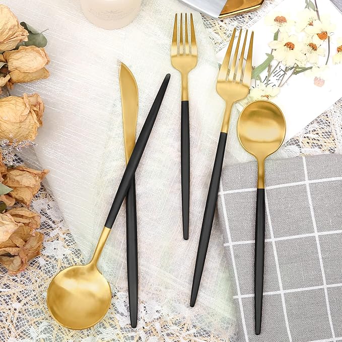 Matte Black and Gold Silverware Set 30 Pieces, FAMEWARE Stainless Steel Flatware Set Service for 6，Tableware Cutlery Set Satin Finished Polished & Dishwasher Safe