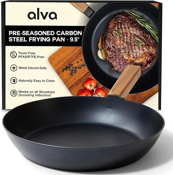 Alva Forest 9.5" Carbon Steel Frying Pan – Naturally Nonstick, Pre-Seasoned, with Acacia Wood Handle, Made Without PTFE, PFOA, PFAS – Sustainable Belgian Design, Induction & All-Stovetop Safe