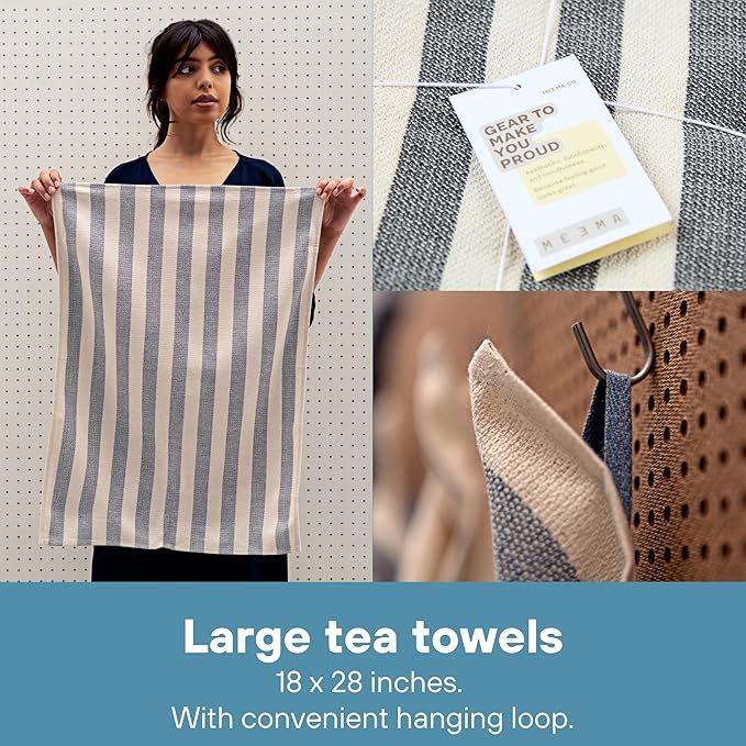 MEEMA Kitchen Towels and Dishcloths Sets of 4 | Large 18 x 28 Inch | Upcycled Cotton Tea Towel | Super Absorbent Cotton Dish Towels for Kitchen | Blue Stripes | Hand Towels