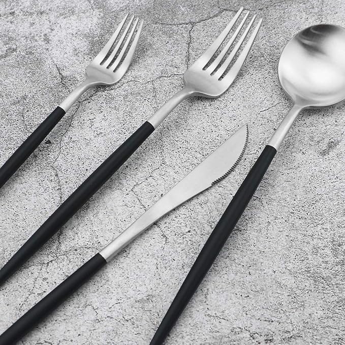 Gugrida Black Handle Matte Silver Silverware Set - 5-Piece 18/10 Stainless Steel Satin Finish Flatware, Kitchen Utensils, Tableware Travel Cutlery for Camping Office Lunch - Dishwasher Safe