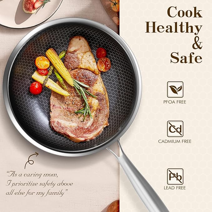 MDHAND 10 Inch Nonstick Frying Pan, Premium Stainless Steel Skillet with Stay-Cool Handle, No Coating, Dishwasher-Friendly, Oven-Safe Induction Ready, Compatible with All Cooktops