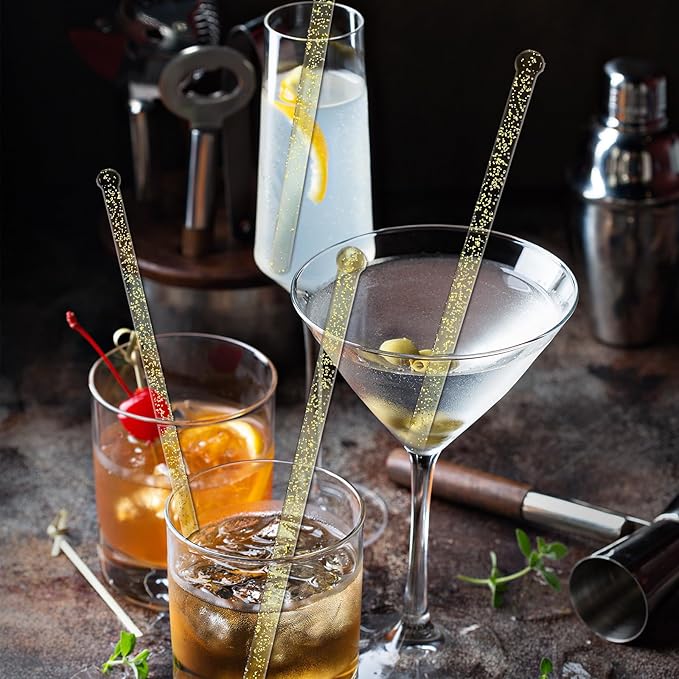 100 Pieces Disposable Plastic Round Top Clear Swizzle Sticks, Crystal Cake Stick, Cocktail Coffee Drink Stirrers 7.24 Inch (Golden)