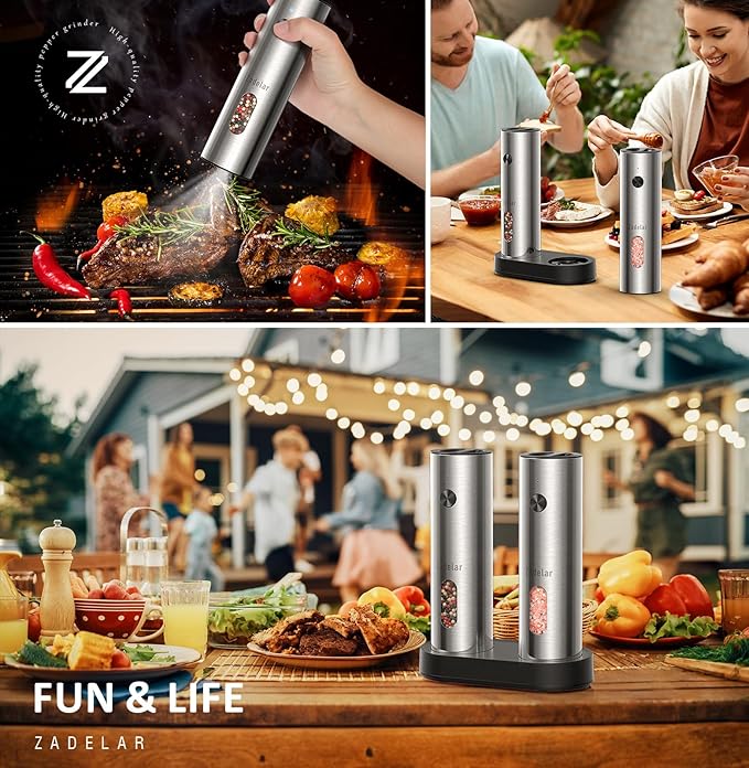 Salt and Pepper Grinder Set Electric,Rechargeable Salt and Pepper Shakers Stainless Steel with USB C Dual Charging Base,Upgraded Large Capacity,Adjustable Coarseness,LED Light,Ideal for Mom
