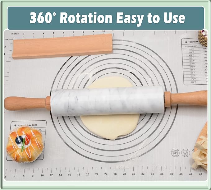 Marble Rolling Pin with Wooden Cradle Thick Handle Set for Baking,18.5 inch Premium Quality Polished Roller for Pizza Dough,Fondant,Pie Crust,Non-Stick Surface Easy to Clean(White)