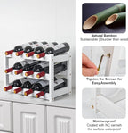 VASMIA Bamboo Wine Rack, Sturdy and Durable Wine Storage Cabinet Shelf, Wine Racks Countertop for Pantry,Kitchen,3-Tier 12 Bottles Wine Rack White