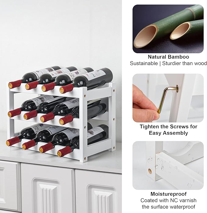 VASMIA Bamboo Wine Rack, Sturdy and Durable Wine Storage Cabinet Shelf, Wine Racks Countertop for Pantry,Kitchen,3-Tier 12 Bottles Wine Rack White