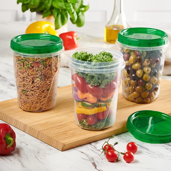 PLASTICPRO 12 Pack Twist Cap Food Storage Containers with Green Screw on Lid- 32 oz Reusable Meal Prep Containers - Freezer and Microwave Safe Green Plastic Food Storage