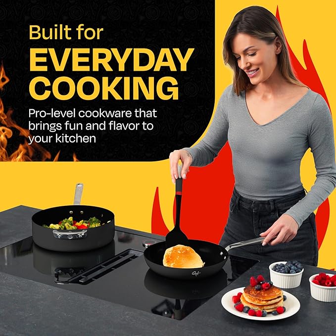 Guy Fieri's Flavortown 15-Piece Ceramic Cookware Set, Nonstick Pots and Pans for Cooking, Easy-Clean Kitchen Cookware, Made without PFAS PTFE PFOA, Induction Compatible, Oven & Dishwasher Safe, Black