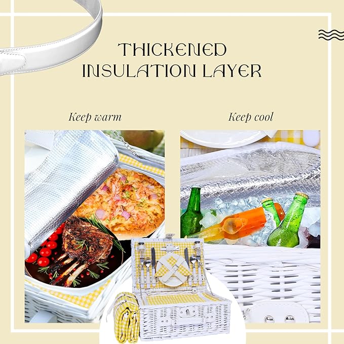 Picnic Basket Set for 4 with Waterproof Blanket Mat Insulation Bag Wicker White Yellow Light Fresh Gifts for Wedding Birthday Summer Camp Outdoor Camping Beach Travel Christmas Thanksgiving