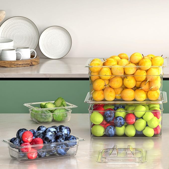 6 Pack Plastic Food Pan with Lid 1/2 Size 4 Inch Deep Restaurant Clear Food Storage Containers Polycarbonate Commercial Hotel Pans for Fruits Vegetables Beans Corns (6 PCS, 4'' Deep)