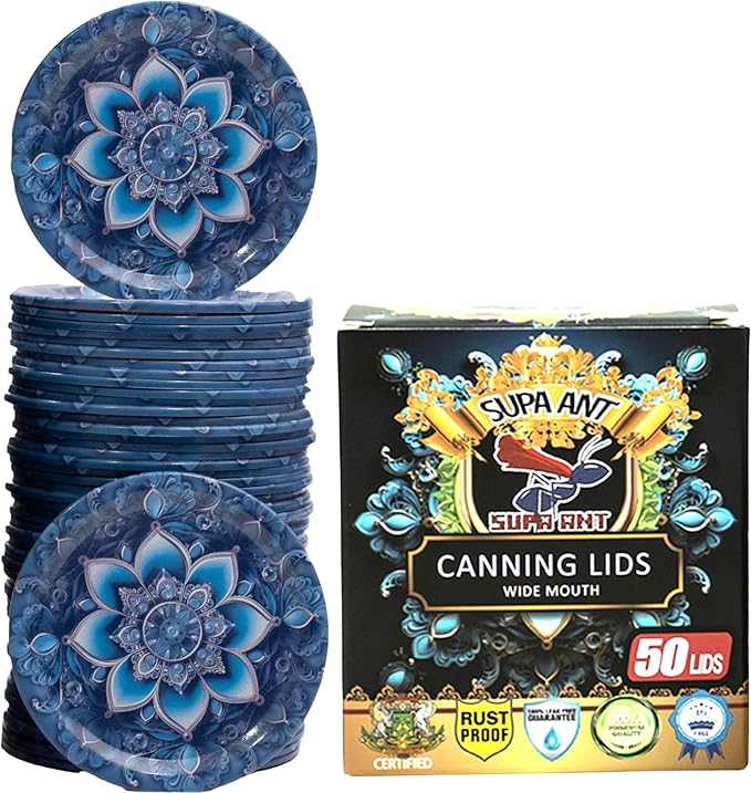 Supa Ant Thickest Canning Lids Wide Mouth (50 Pcs) Food Grade Tin Can Lids for Canned Food-Buckle Proof & Rust Proof Lid for Canning Kit for Wide Mouth Mason Jars (Turquoise Barrette) Canning Supplies