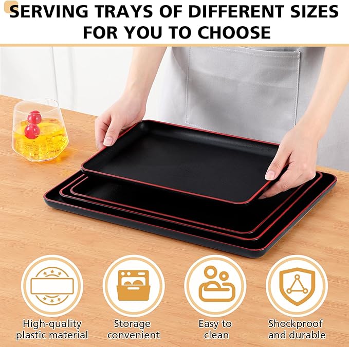 Rtteri Set of 4 Large Serving Platter Set 15/14/13/12 Inch Heavy Plastic Serving Trays Unbreakable Rectangular Platter Reusable Wood Grain Tray for Buffet Wedding Christmas Party(Black and Red)
