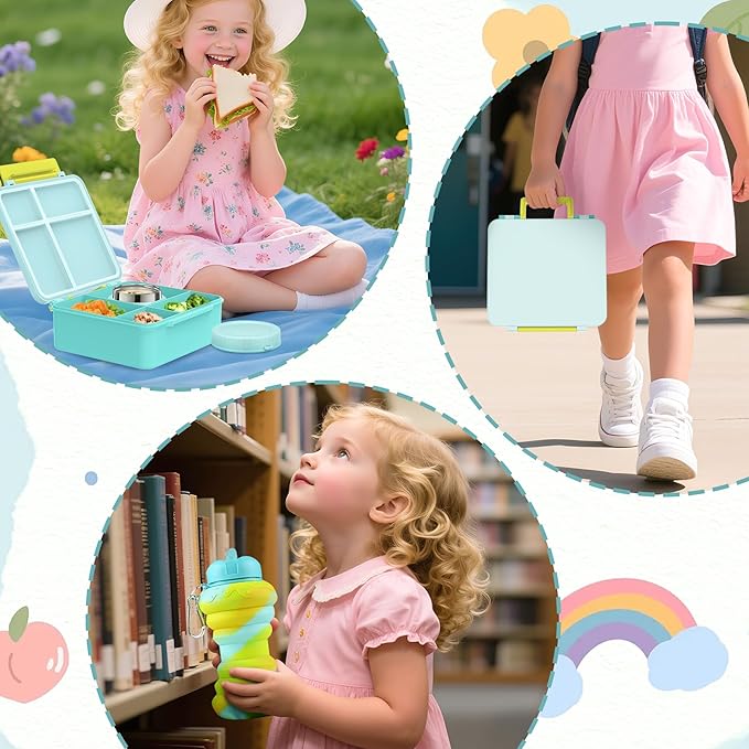 Lunch Box Kids Box Bento Box for Kids - 9oz Soup Thermo, Insulated Bento Lunch Box with Leak Proof Vacuum Insulated Food Jar - 5 Compartments((Blue Sky)