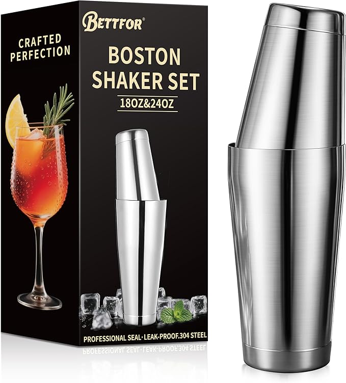 Boston Shaker Set, 18oz & 28oz 2-Piece Tins, Professional 304 Stainless Steel Cocktail Shaker with Leak-Proof Weighted Base for Bartending, Home & Bar Use (Silver)