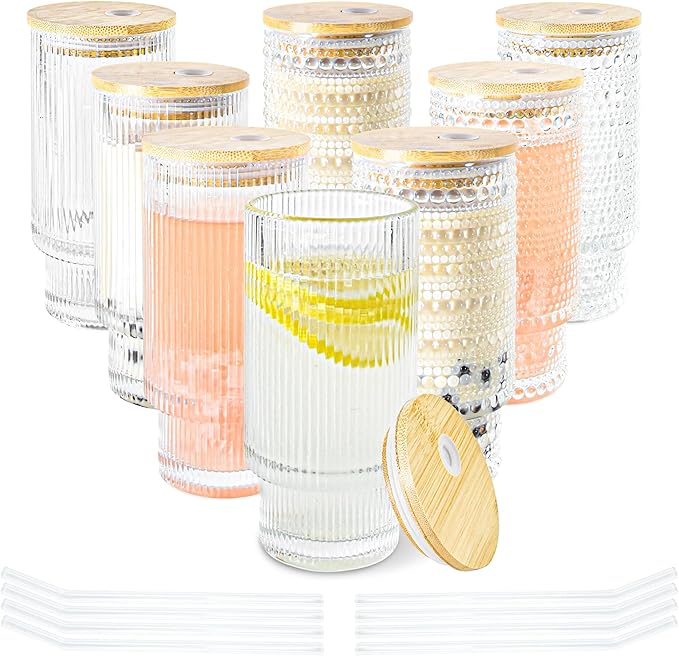 8 Pcs 16 oz Hobnail Glasses Cups Set with Bamboo Lids Straws Brush Hobonail Ribbed Glassware Set for Juice Iced Coffee Beer Cocktail Whiskey