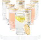 8 Pcs 16 oz Hobnail Glasses Cups Set with Bamboo Lids Straws Brush Hobonail Ribbed Glassware Set for Juice Iced Coffee Beer Cocktail Whiskey