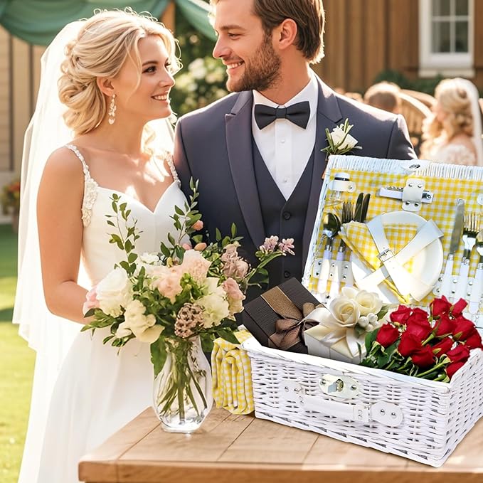 Picnic Basket Set for 4 with Waterproof Blanket Mat Insulation Bag Wicker White Yellow Light Fresh Gifts for Wedding Birthday Summer Camp Outdoor Camping Beach Travel Christmas Thanksgiving