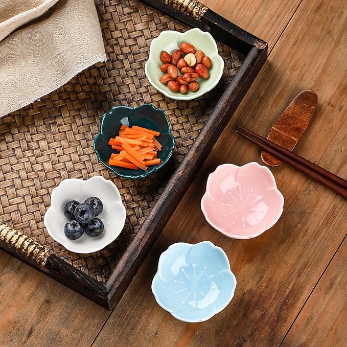 WHJY Pink Cherry Blossom Dish Set, Cute Pink Ceramic Plates, Sauce/Seasoning Dish, Sushi Dishes, Soy Dipping Bowl, Dessert, Appetizer Plates, Serving Dish for Kitchen Home – Set of 5