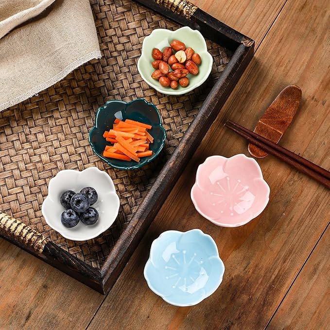 WHJY Dark Green Cherry Blossom Dish Set, Cute Pink Ceramic Plates, Sauce/Seasoning Dish, Sushi Dishes, Soy Dipping Bowl, Dessert, Appetizer Plates, Serving Dish for Kitchen Home – Set of 5