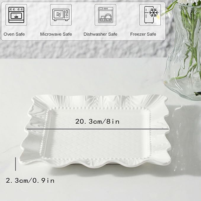 Neaylfe 8-Piece Ceramic Salad Plates, 8 inch White Square Dinner Plates for Snack & Restaurant, Embossed Modern Dinnerware Dishes Set for Kitchen, Microwave, Dishwasher Safe