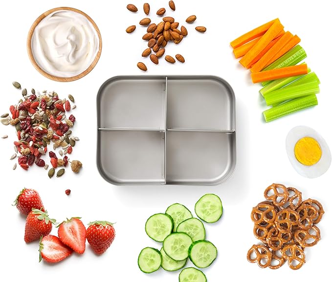Stainless Steel Bento Box Lunch and Snack Container for Kids and Adults, 4 Sections