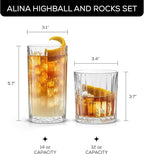 JoyJolt Drinking Glasses Set of 8, Alina Ribbed Glassware. 12oz Rocks Glass and 14oz Highball Glass set. Cocktail Glasses, Iced Coffee Cup or Water cups. Heavy Base Glassware Set