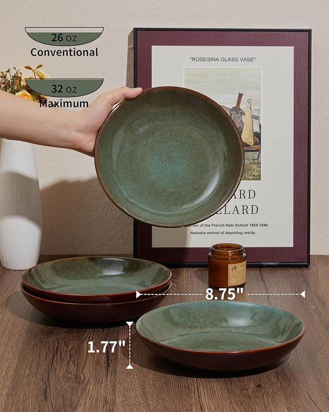 8.75 Inch Large Ceramic Pasta Bowls, 32 Oz Reactive Glaze Stoneware Pasta Serving Bowls Set of 4 for Kitchen, Wide Bowls for Fruit,Pasta,Salad,Soup, Scratch Resistant-Brown and Green