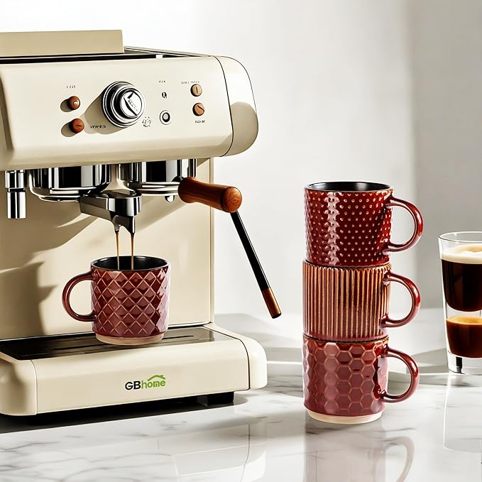 GBHOME 6 OZ Stackable Coffee Mugs, Ceramic Coffee Mugs with Texture Patterns for Man,Woman,Dad,Mom, Modern Coffee Cups Set of 4 for Espresso/Cappuccino/Cocoa. Dishwasher&Microwave Safe,Red