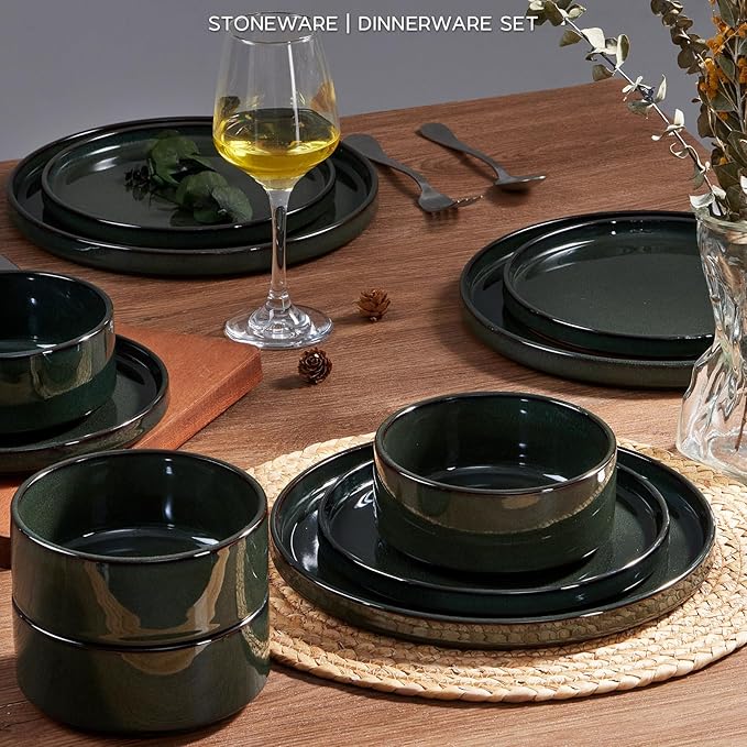 Stoneware Dinnerware Sets for 4, Onader Reactive Glaze Plates and Bowls Sets, Ceramic Dish Dinner Set with Rustic Terracotta Bottom, 12 Piece Elegant Dishware - Emerald Green