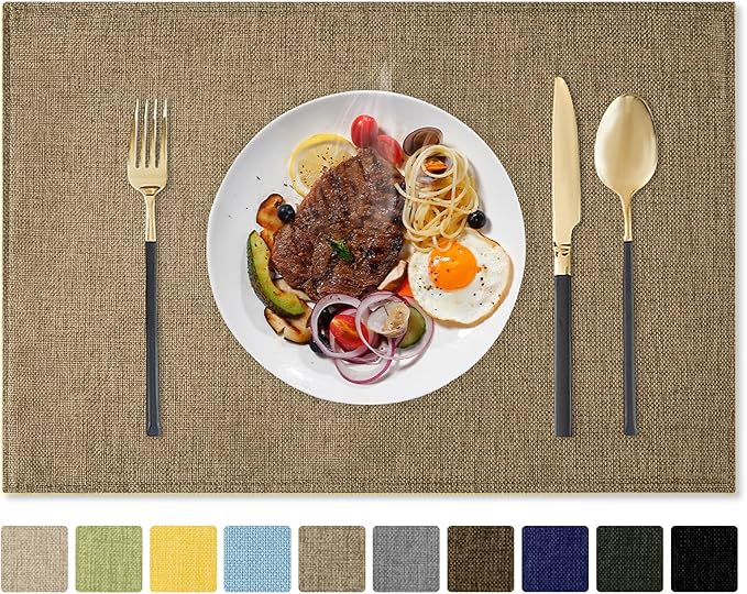 Romanstile Cloth Placemats Set of 6-12 x 18 Inch, Heat Resistant Double Layered Thickened Burlap Place Mats, Washable Faux Linen Farmhouse Table Mats for Kitchen/Dining/Party/Outdoor, Khaki