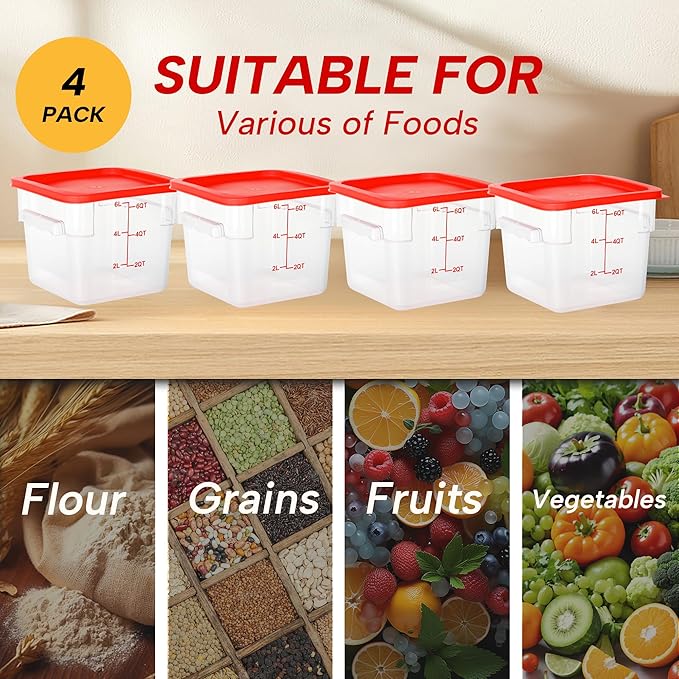 4 Pack 6 Quart Food Storage Containers with Lids, Polycarbonate Square Commercial Food Containers, NSF, Clear, New Version