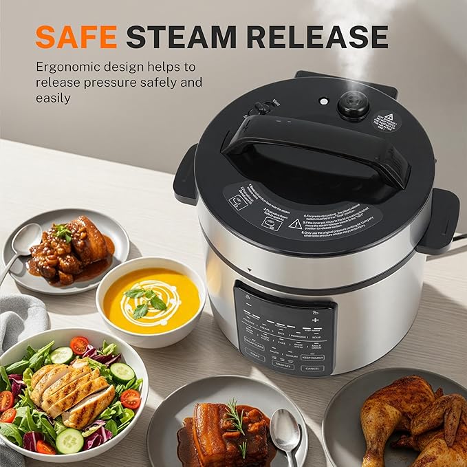 Simple Deluxe 12-in-1 Electric Pressure Cooker, 6QT Stainless Steel & Non-Stick Multi Cooker for Slow Cook, Meat Stew, Cake, Porridge, Multigrain, Dishwasher Safe, Silver