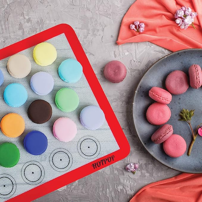HOTPOP Piping Bags and Tips Set for Macarons - 17-Piece Baking Supplies Kit - Reusable Silicone Pastry Bags - 2 Half-Size Baker Mats - Ideal for Home Pastry Baking (16.5"x11.5")