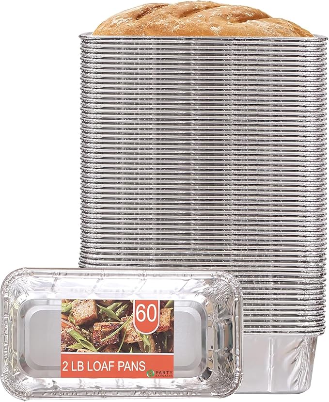 PARTY BARGAINS 2 Lb Aluminum Loaf Pan - 60 Pack, 8.5" x 4.5" x 2.5" Heavy Duty Disposable Bread Pans for Perfect for Baking, Lasagna, Meatloaf & Food Serving (Max 240°C)