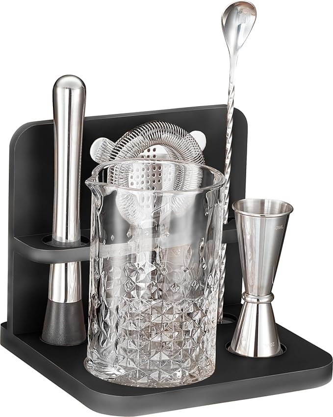 Crystal Cocktail Mixing Glass Set with Bamboo Stand - 22 Oz 650ml - Thick and Sturdy Bottom, Durable and Seamless Design with Bar Accessories