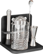 Crystal Cocktail Mixing Glass Set with Bamboo Stand - 22 Oz 650ml - Thick and Sturdy Bottom, Durable and Seamless Design with Bar Accessories