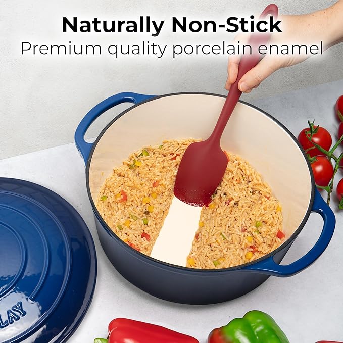 Zulay Kitchen 7.7 Quart Enameled Cast Iron Dutch Oven with Lid, Silicone Trivet & Heat Pad – Premium Durability & Oven Safe up to 500°F – Heavy Duty Cookware Perfect for Bread Baking, Stews, Braising & Roasting – Blue