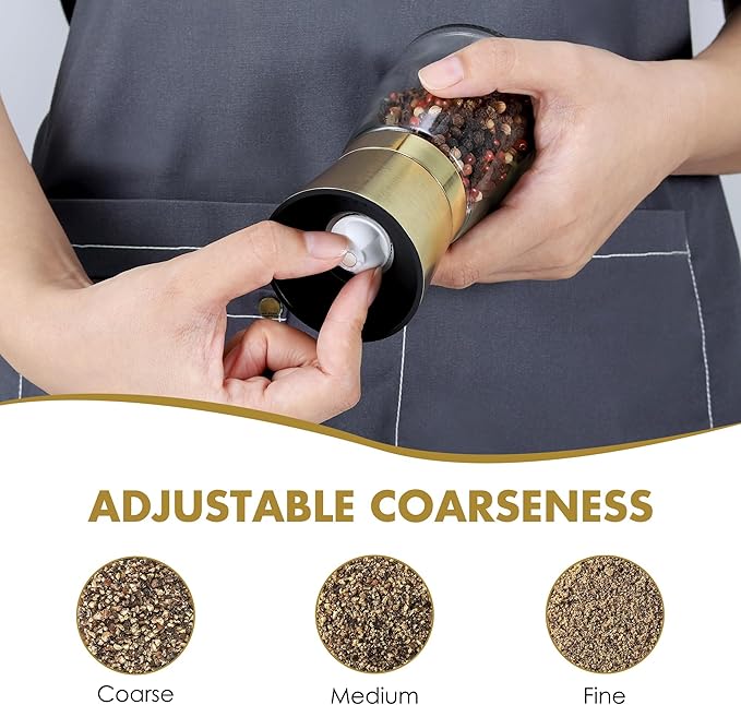 vzaahu Golden Salt and Pepper Grinders with Funnel, Brush - Adjustable Coarseness Shiny Gold Cap Seasalt Peppermill Set Refillable with Magnetic Lid, for Modern, Kitchen Decoration Gift