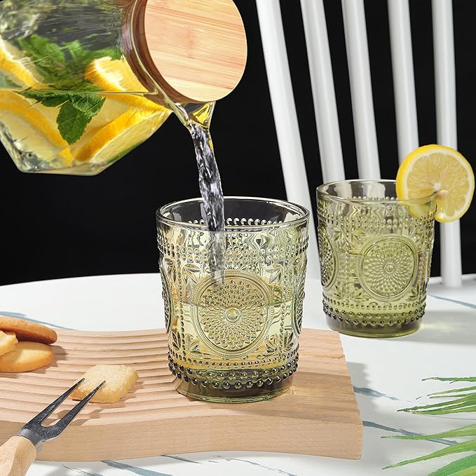 Joeyan Green Vintage Drinking Glasses,Embossed Small Sunflower Water Glass Tumbler,11oz Colored Boho Beaded Glassware for Beverages Juice Whisky Cocktail Beer Wine,Set of 6,Dishwasher Safe