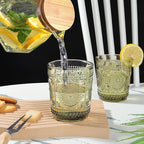 Joeyan Green Vintage Drinking Glasses,Embossed Small Sunflower Water Glass Tumbler,11oz Colored Boho Beaded Glassware for Beverages Juice Whisky Cocktail Beer Wine,Set of 6,Dishwasher Safe