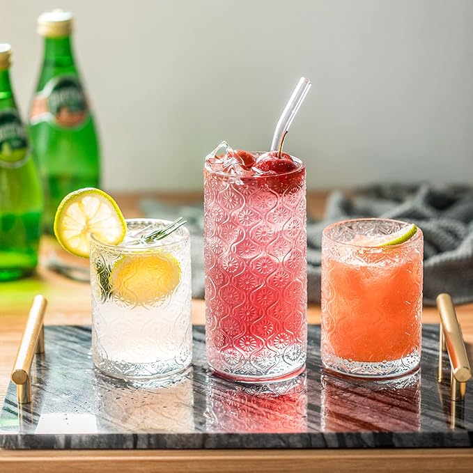 Glass Cups Vintage Glassware Set of 4, Drinking Glasses 12.5oz, Embossed Pattern Style Transparent Cocktail Glasses Set, for Ice Coffee,Juice,Beer,Bar Beverages,Drinkware, Transparent (L)