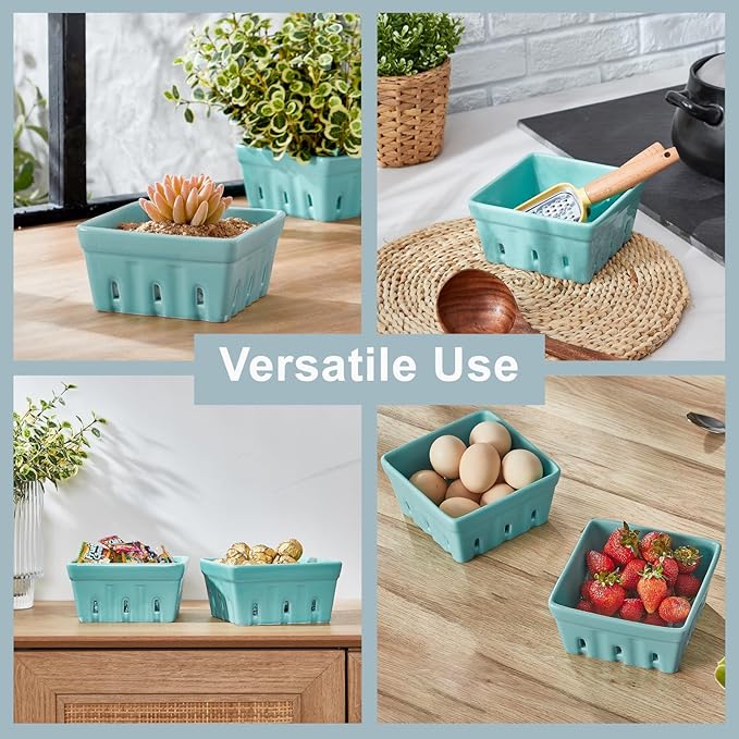 ONEMORE Berry Basket Ceramic Berry Bowls with Holes Square Fruit Bowl Berry Colander Containers for Fridge - 5.8" Fruit Basket for Kitchen Décor, Set of 2, Mint Green