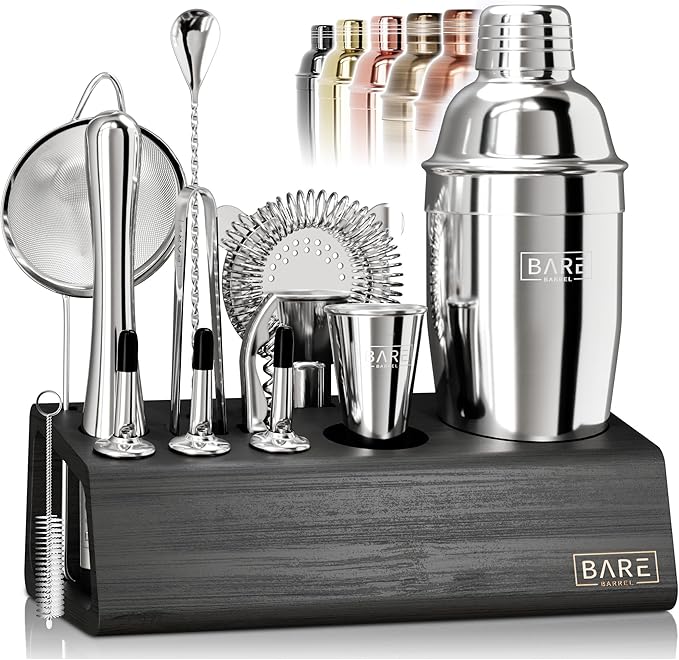 BARE BARREL® Mixology Bartender Kit Bar Set | 14-Piece Cocktail Shaker Set | Martini Barware Mixing Tools for Home Bartending | Incl. 35 Recipe Cards | Gift Set (24oz Cobbler Shaker, Silver/Black)
