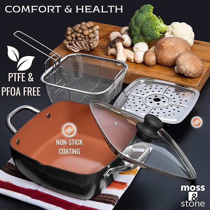 Moss & Stone 5 Pcs Black Copper Chef Cookware Non Stick Deep Frying Pan, Fry Basket, Steamer Rack, Dishwasher & Oven Safe, 5 Qt Deep Square Pan, Induction Copper Cookware Set - 9.5" x 3.5"