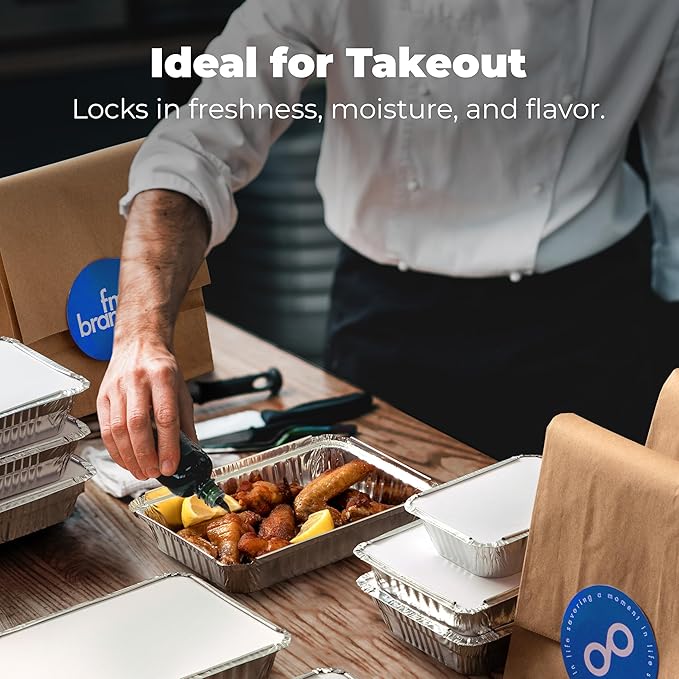 Fit Meal Prep 50 Pack 1.5 lb Aluminum Foil Pans with Lids, Disposable Take Out Food Containers with lids for Freshness and Spill Proof, 8.75 x 6.25 x 1.5 Disposable Cookware for Catering, Restaurants