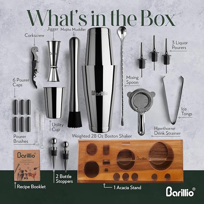 Barillio Black Bartender Kit – 23-Piece Stainless-Steel Cocktail Shaker Set with Premium Acacia Stand | Martini Barware Mixing Tools for Home Bartending | Gift Set
